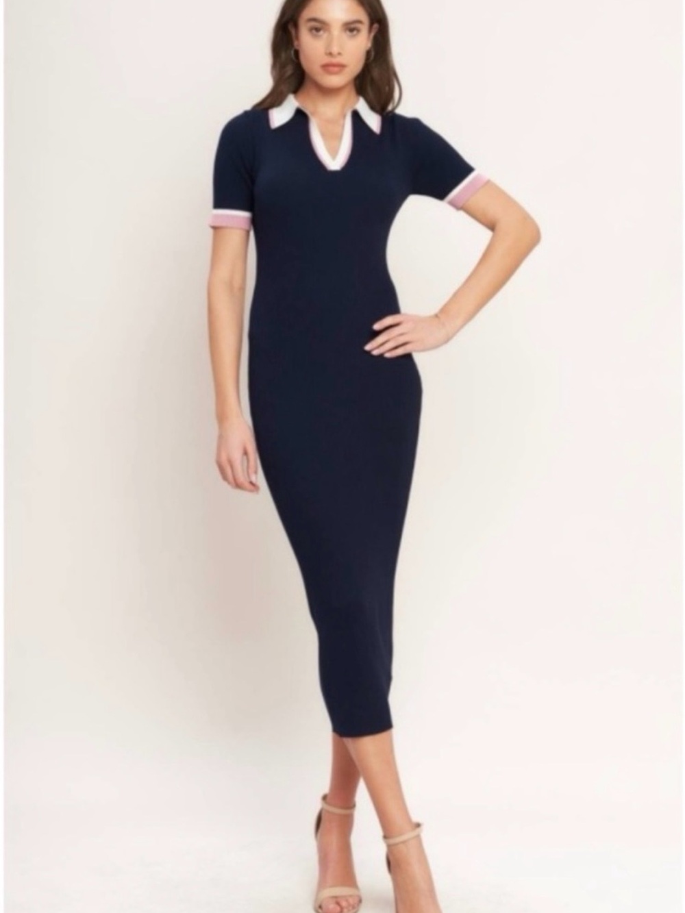 Navy Polo-Style Midi Dress with Pink Trim